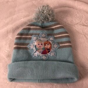 Disney Frozen Elsa Anna Hat Beanie Girls Medium Large Blue Gray Pom Cuffed Knit